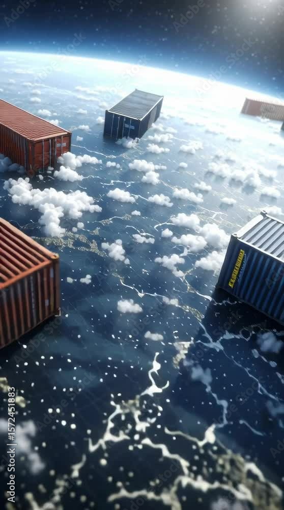 Poster futuristic shipping container cargo floating above earth with clouds sunlight creating surreal atmos