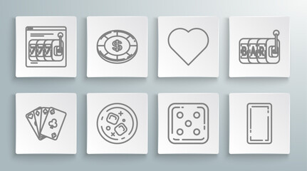 Set line Playing cards, Casino chip with dollar symbol, Glass of whiskey and ice cubes, Game dice, back, heart, Slot machine and Online slot lucky sevens jackpot icon. Vector