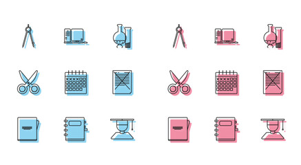 Set line Notebook, Drawing compass, Graduate and graduation cap, Calendar, Exam paper with incorrect answers survey, Scissors and Computer monitor keyboard mouse icon. Vector