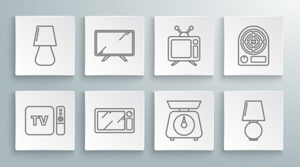 Set line TV box receiver and player with remote controller, Smart Tv, Microwave oven, Scales, Table lamp, Television, Electric heater and icon. Vector