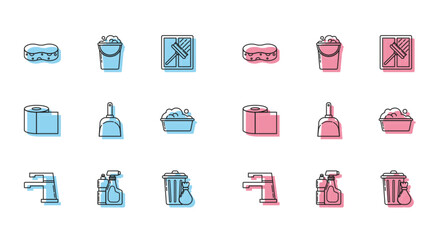 Set line Water tap, Plastic bottles for liquid dishwashing liquid, Sponge, Trash can and garbage bag, Dustpan, basin with soap suds, Toilet paper roll and Bucket foam bubbles icon. Vector