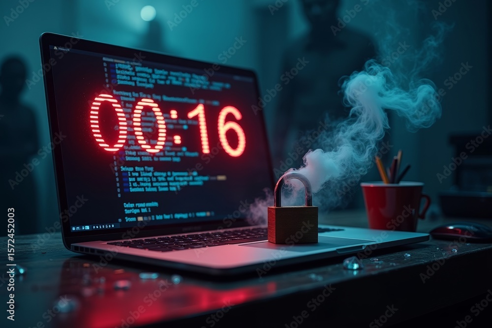 Poster dark and ominous: a conceptual photo series featuring a ticking countdown clock on a computer screen