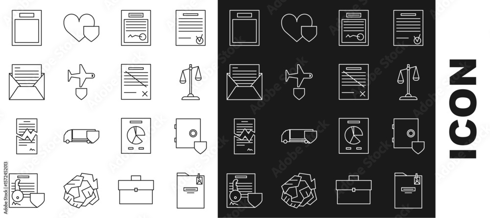 Poster set line personal folder, safe with shield, scales of justice, filled form, plane, mail and e-mail, 
