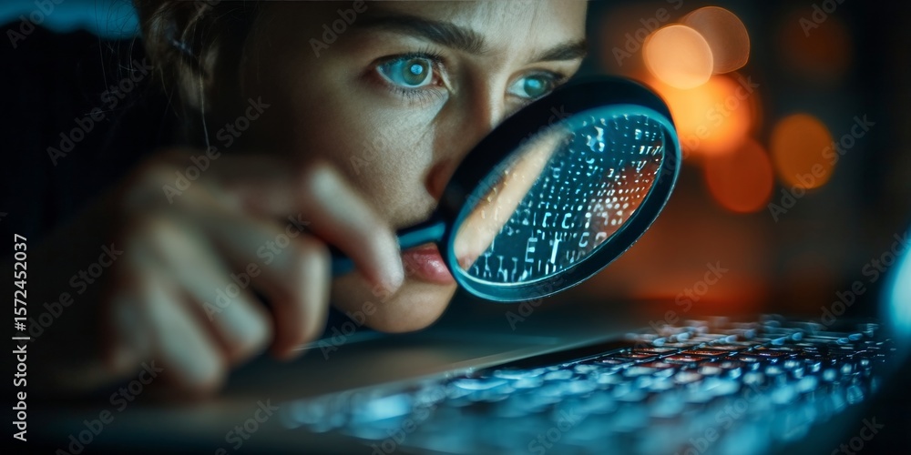 Poster analyzing digital data with a magnifying glass for enhanced security and technical analysis insights