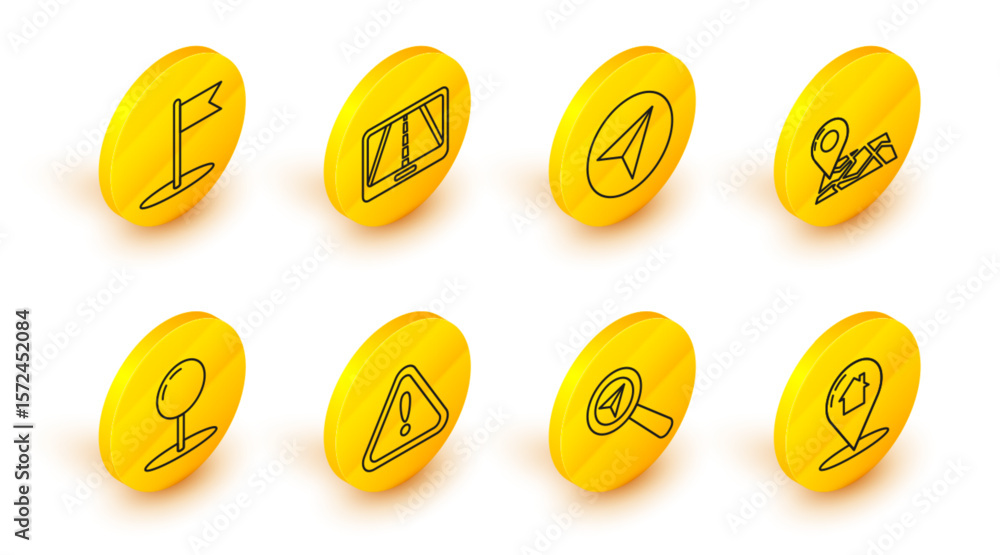 Poster set line map pointer with house, search location, exclamation mark triangle, push pin, folded map ma