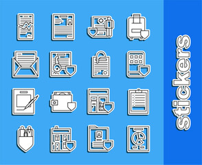 Set line Document with graph chart, Clipboard checklist, Smartphone insurance, Medical clipboard clinical record, key shield, Mail and e-mail, Torn contract and File document paper icon. Vector