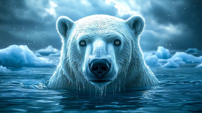 Majestic polar bear emerges from icy arctic waters under stormy skies - Powered by Adobe