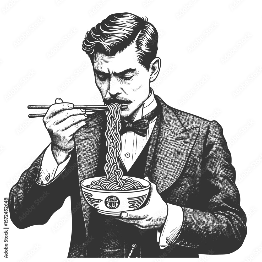 Poster funny wide-eyed victorian man exaggeratedly slurping noodles from bowl with a stunned expression ske