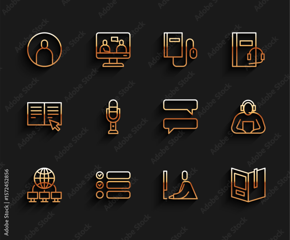 Poster set line computer network, task list, create account screen, student working laptop, open book, micr