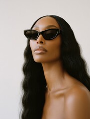 aesthetic editorial content - modern it girl with cat eye sunglasses biracial melanin model with black wavy hair extensions 