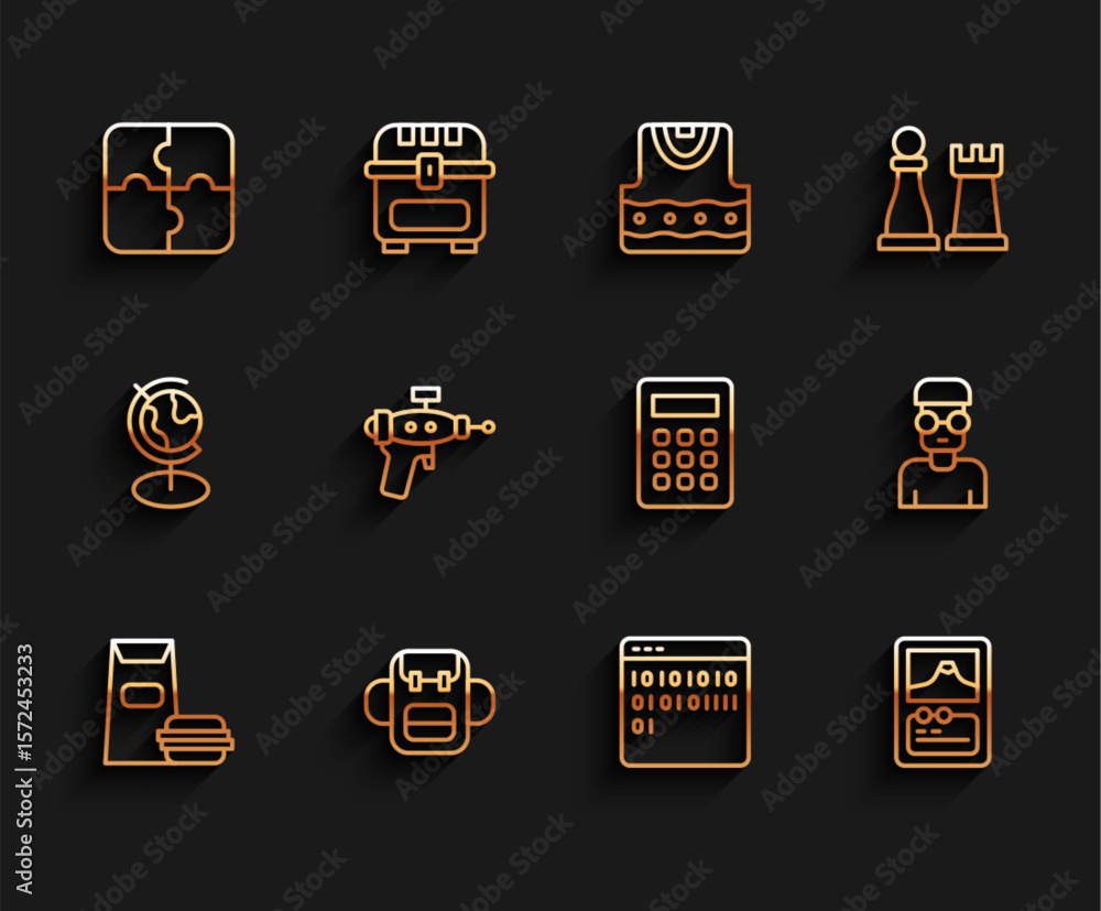 Poster set line burger, school backpack, piece of puzzle, binary code, card game, ray gun, nerd geek and ca