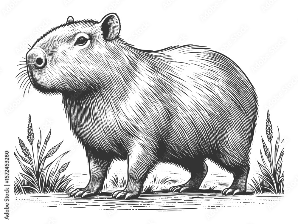 Poster capybara sketch engraving generative ai fictional character vector illustration. scratch board imita
