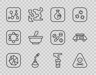 Set line Salt stone, Triangle warning toxic, Cracked flask, Test tube and, Chemical formula, Mortar pestle, and Electronic scales icon. Vector