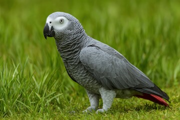 A grey parrot stands in green grass gazing to the left