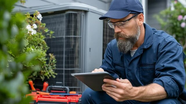 HVAC Technician using Tablet: A seasoned HVAC technician meticulously examines a digital tablet, likely reviewing schematics or client data.  He's outside a residential home.