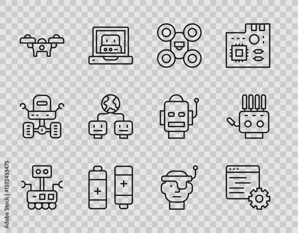 Poster set line robot, computer api interface, drone, battery, artificial intelligence, smart glasses and m