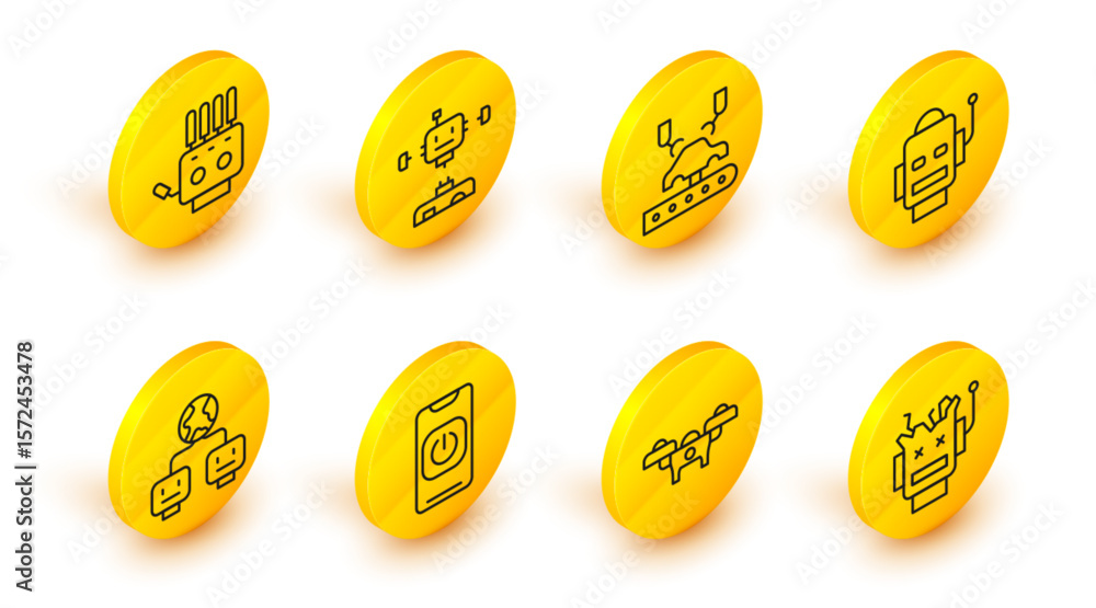 Poster set line broken robot, drone, turn off from phone, artificial intelligence, robot, robotic arm facto