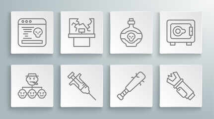 Set line Mafia, Broken window, Syringe, Baseball bat with nails, Police electric shocker, Poison bottle, Safe and System bug icon. Vector