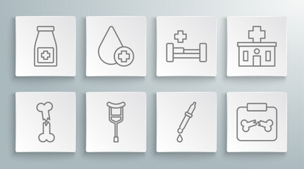 Set line Human broken bone, Donate drop blood, Crutch or crutches, Pipette, X-ray shots with, Hospital bed, building and Medicine bottle and pills icon. Vector