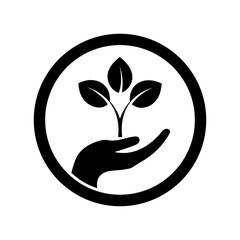 Minimalist hand holding sprout inside circle for growth eco and sustainability concepts