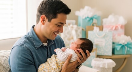 A loving father cradles his newborn baby with a joyful smile, surrounded by gifts