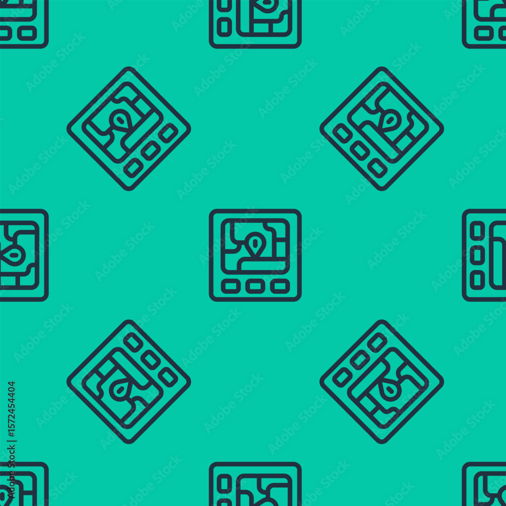Poster blue line gps device with map icon isolated seamless pattern on green background. vector