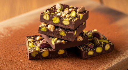 A stack of decadent dark chocolate squares topped with pistachios on a wooden board