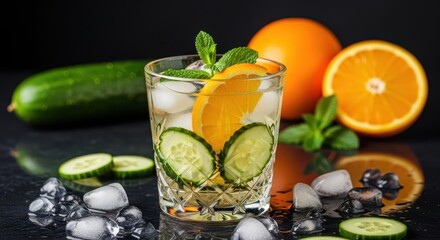 A refreshing cucumber and orange infused water with ice and mint in a glass