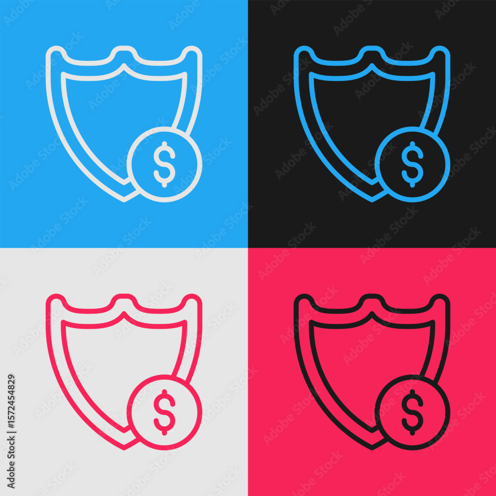Poster pop art line shield with dollar symbol icon isolated on color background. security shield protection