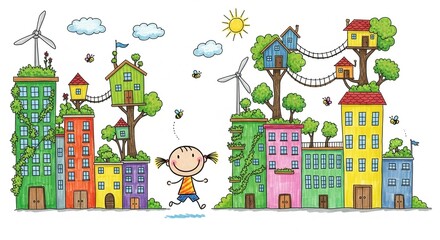 Obraz premium Cartoon of child in green city with treehouses and wind turbines, Sustainable urban planning, Eco-friendly architecture, Kids and environment, and Green city concept.