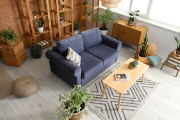 Interior of loft style living room with comfortable sofa, table, wooden chest drawer, houseplants...