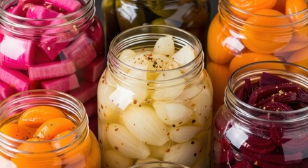 A colorful assortment of pickled vegetables in glass jars showcases homemade food preservation
