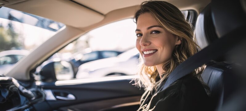 The woman smiling inside a car during a joyful road trip.
