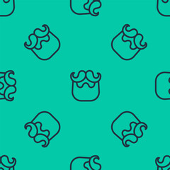 Blue line Mustache and beard icon isolated seamless pattern on green background. Barbershop symbol. Facial hair style. Vector