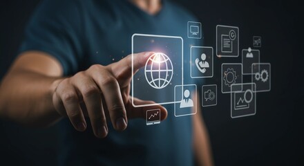 A hand touching a glowing global network icon, digital connectivity and future technology, global communication network, virtual interface interaction, and business and technology integration.