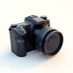 3D Web Icon Illustration of a black digital camera with a large lens and control buttons, looking ready to shoot on a white background