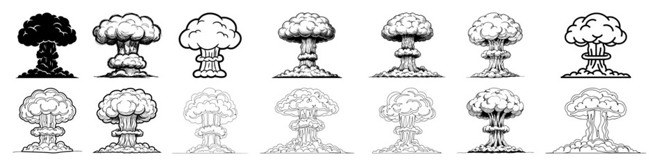 nuclear bomb explosion mushroom cloud set vintage vector