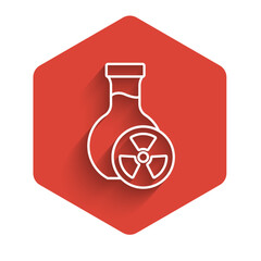 White line Laboratory chemical beaker with toxic liquid icon isolated with long shadow background. Biohazard symbol. Dangerous symbol with radiation icon. Red hexagon button. Vector