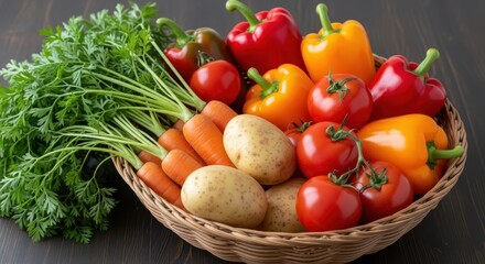 A vibrant basket overflowing with fresh vegetables, including carrots, peppers, tomatoes, and potatoes, sits on a dark wooden table