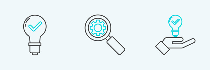 Set line Light bulb in hand, check mark and Magnifying glass gear icon. Vector