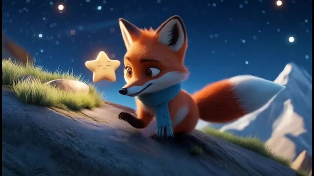 At the peak of a quiet mountain under a breathtaking starry sky, a lone fox locks eyes with a radiant star in the heavens. The moment is filled with emotion &mdash; a silent farewell between two souls, capt