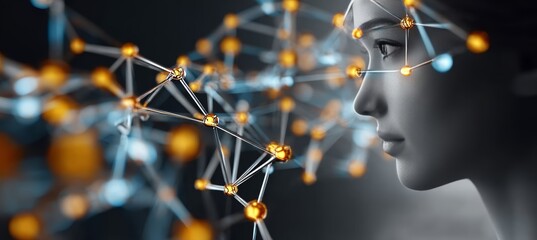 Futuristic Female Figure Engaging with Technology Interface in a High-Tech Digital Network