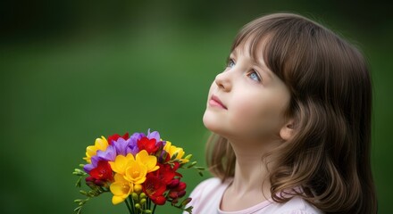 A beautiful young girl with flowers gazes upwards with a dreamy expression, her face framed by colorful blooms