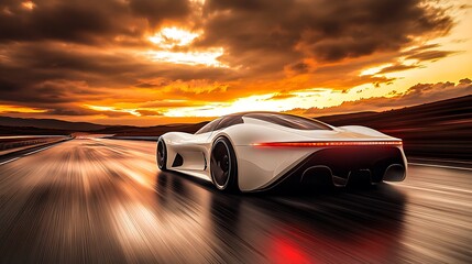 Naklejka premium Sleek white sports car speeds down a highway at sunset with dramatic clouds