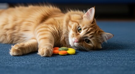 A ginger tabby cat lies on a blue carpet, gazing playfully at a colorful flower toy with its adorable face
