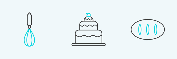 Set line Bread loaf, Kitchen whisk and Cake icon. Vector