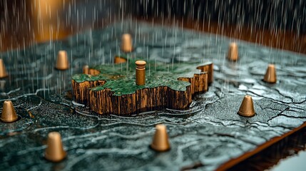 Rain Drops Falling on a Green Wooden Island with Metal Cones