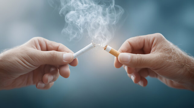 Hands holding cigarettes with smoke in air.