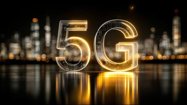 Glowing 5g logo illuminating urban night skyline.Next generation cellular network technology concept
