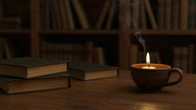 Burning candle with nostalgic mood next to stack of books on library background